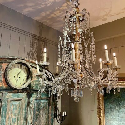LARGE GENOVESE CHANDELIER XL GILDED WOOD AND CRYSTAL SIZE MID 19TH CENTURY