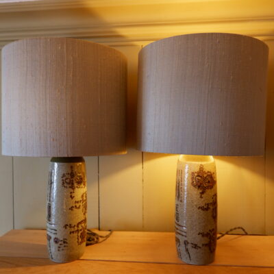 CELADON GREEN CERAMIC TABLE LAMPS WITH BROWN DECOR BY CARL HARRY STAHLANE CA.1960
