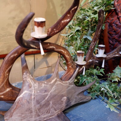 Large carved reindeer horn candlestick - Swedish folk-art ca.1900