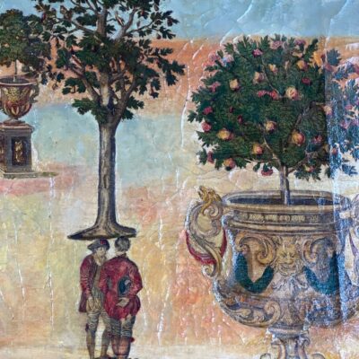 Small painting ARTE POVERA garden perspective & orange tree planters - late 19th century