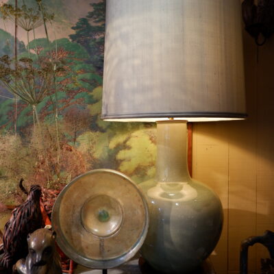 Pair of very large Celadon green ceramic lamps with wooden base + Shades silk - ca.1950