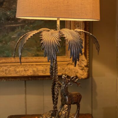Silver metal lamp stag under a palm tree ca.1960 + Shades Cylinder