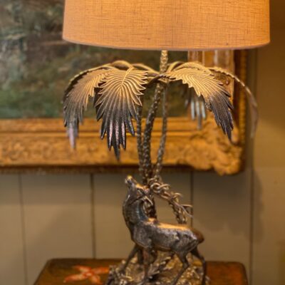 Lampe en métal argenté cerf sous un palmier ca.1960 + AJ Cylindre