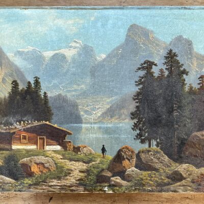 Huile sur toile paysage de montagne au bord d 'un lac