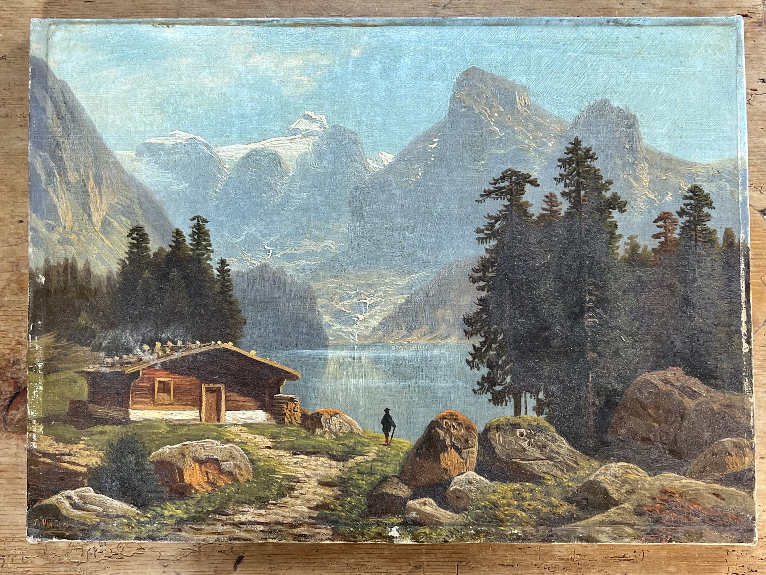 Oil on canvas Mountain landscape by a lake