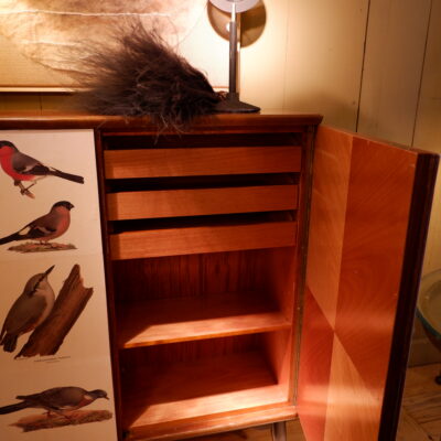 Petit buffet recouvert de planches “oiseaux” des Von Wright Brothers – Suède ca.1960