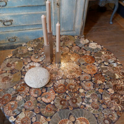 Table basse plateau en ammonites sur base en métal laque noir