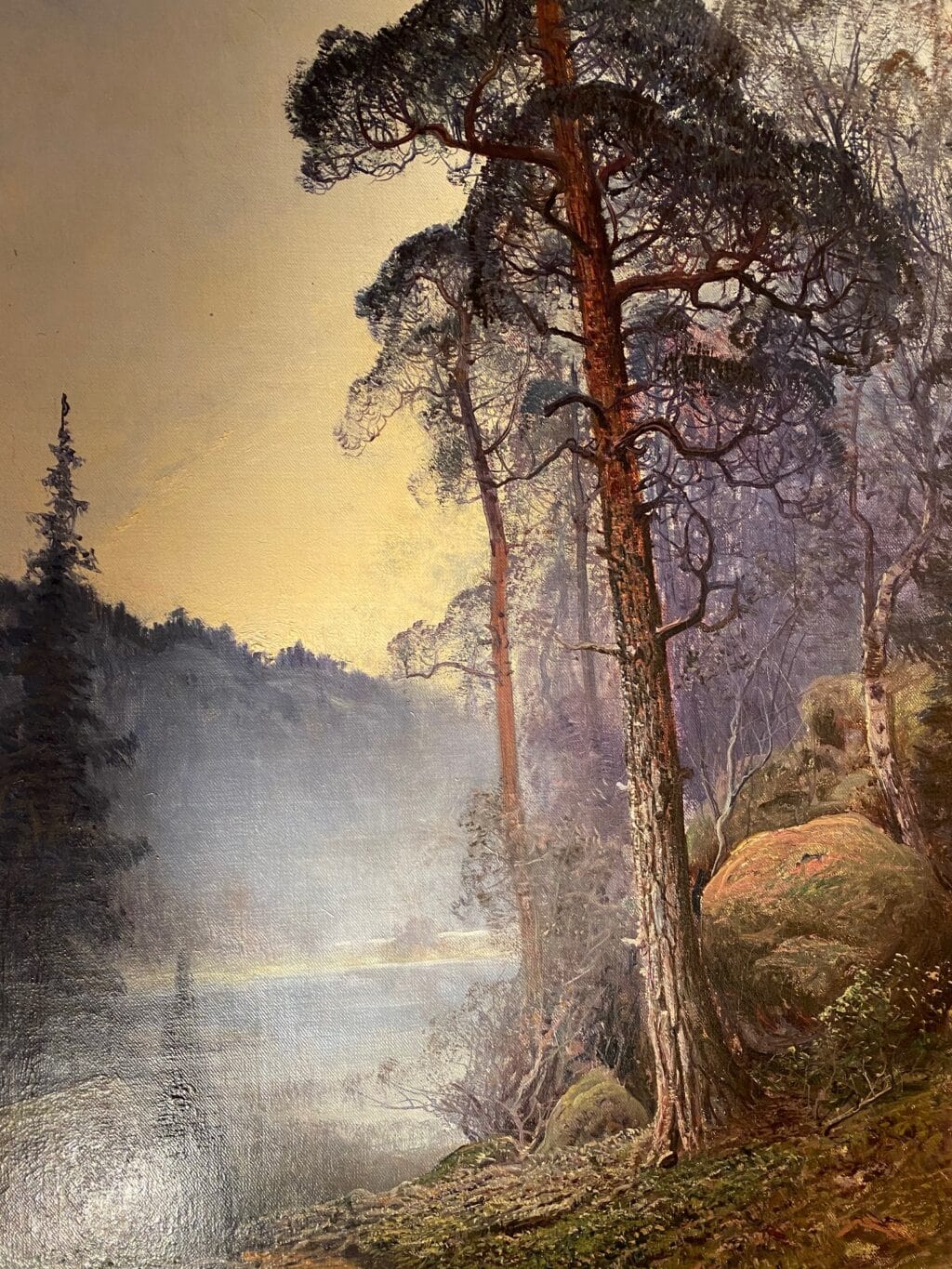 Paysage du nord "lac entouré de forêt dans la brume" huile sur toile par John Kindborg -fin XIXe